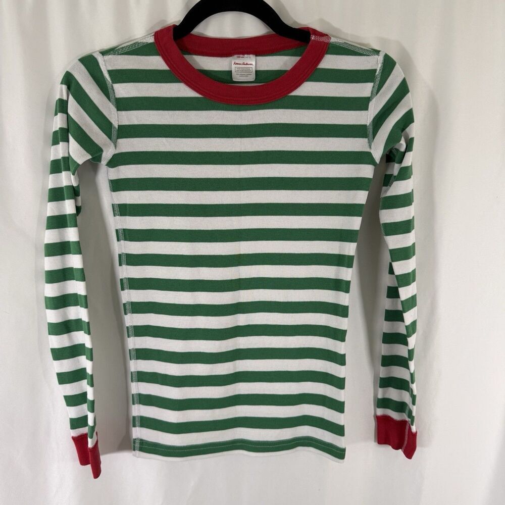 Hanna Anderson Pajama Top Girl 12 Green White Striped Long Sleeve Organic Cotton